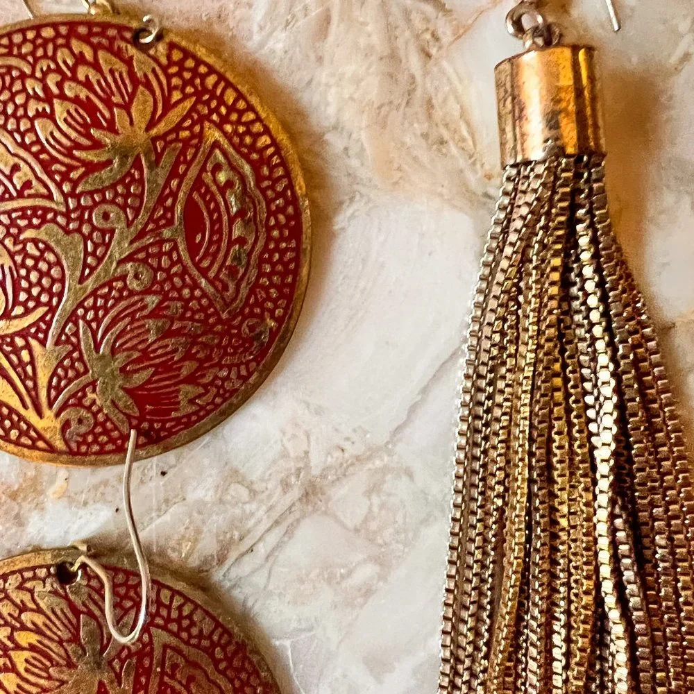 Bundle (2) Brassy Red Floral Lotus Medallion and Long Box-chain Tassel Earrings - Picture 4 of 4